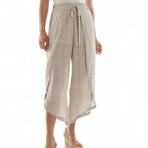By & By Womens XL Beige Tulip Wrap Wide Leg Pants Pom Pom Trim Boho Gauze Summer